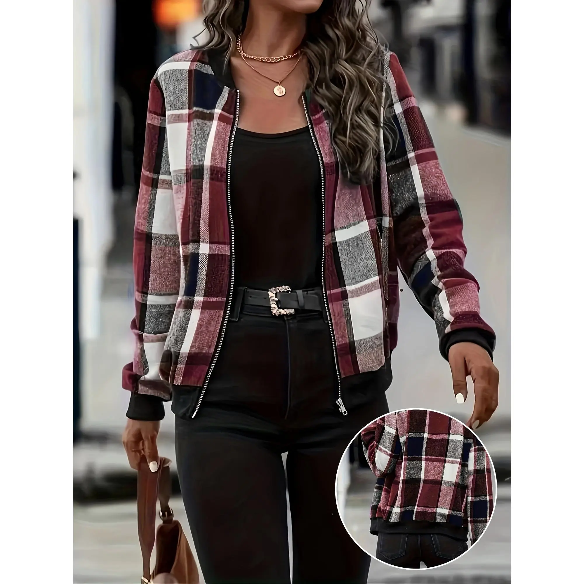 Womens Plaid Bomber Jacket - Stylish Casual Wear with Smooth Zipper Closure and Flattering Slim Fit - Fashionable Plaid Pattern, Comfortable Long Sleeves for Everyday Chic