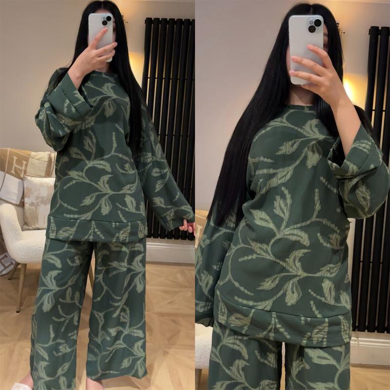 Product Introduction of Ladies Leaf Embroidered Two Piece Co-Ord Set Womens Floral Embossed Chic Elegance Crew Neck Top With Wide Leg Trousers Suit Womenswear Printed Modest Clothing Everyday Summer Vacation Wear Comfort Suit Long Sleeve 13