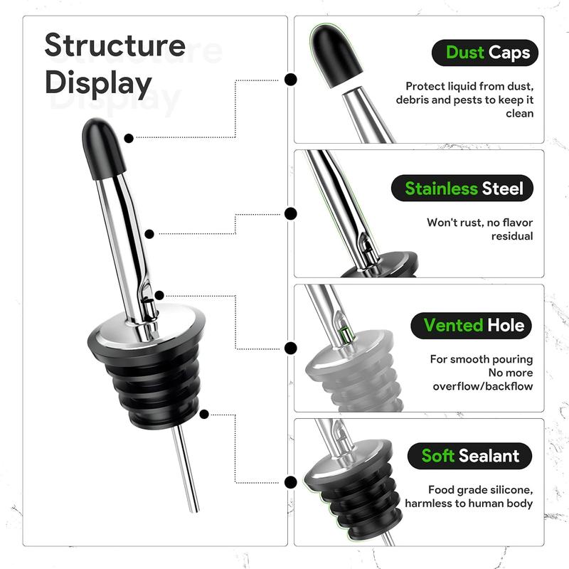 Liquor Pourer, Bottle Pourers for Spirits, 12Pack Stainless Steel Freeflow Liquor Spirits Pourer Speed Pourers Wine Bottle Spirits Pourers Tapered Spout with Rubber Dust Caps Utensils 4
