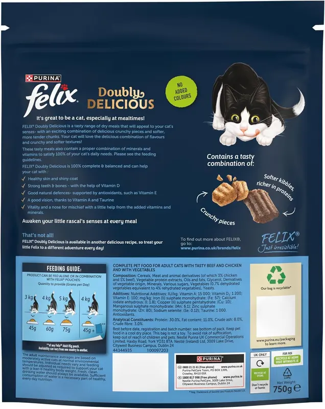 Felix Doubly Delicious Beef Chicken & Vegetables Dry Cat Food (750g x 4 - Pack 4) 2