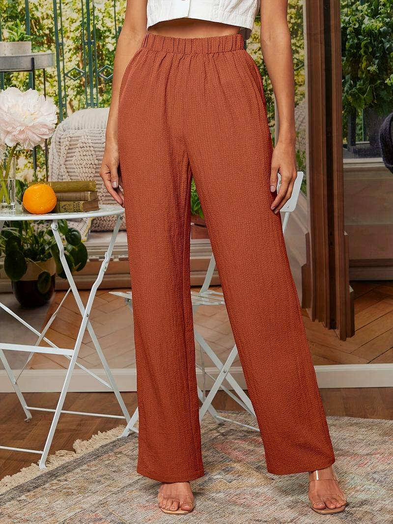 Product Introduction of Elegant Women's Navy Blue Straight-Leg Pants - High-Waisted, Textured Fabric with Elastic Waistband, Machine Washable, All-Season Comfort 13