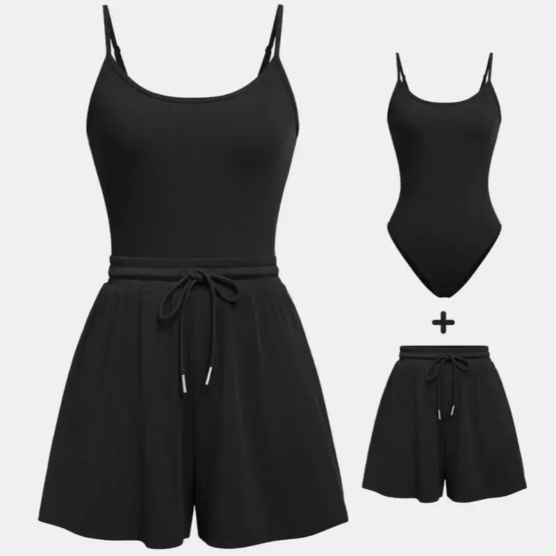 Women Abjustable Strap Cami Bodysuit & Drawstring Wide Leg Shorts Set, Casual Round Neck Sphaghetti Strap Bodysuit &Elastik Shorts Set, Back to School Womens Wear for Summer, Travel 3