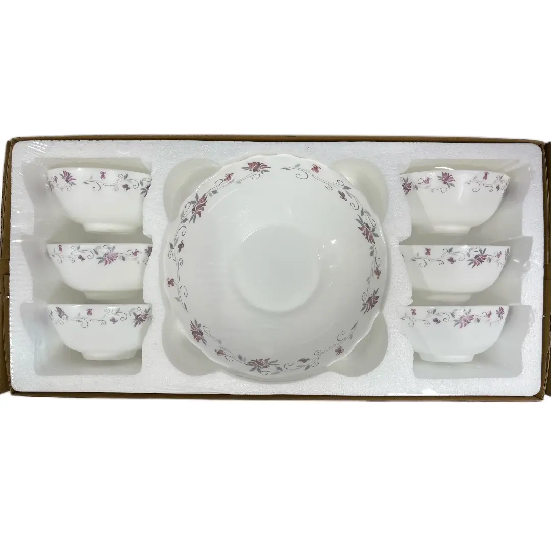 7PC PARS Opal Custard/Fruit/Dessert Set (Flower Print) - Microwave and Dishwasher Safe - 1 Large Bowl and 6 small bowls Tableware Cutlery