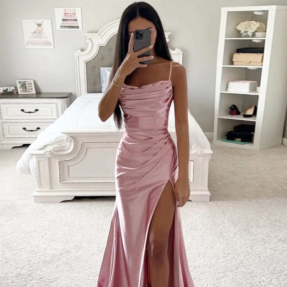 Summer Women's Sexy Vintage Tulle Long Dress  Spaghetti Strap Satin Pleated Low-cut V Neck High Split dress Party Gown Ball
