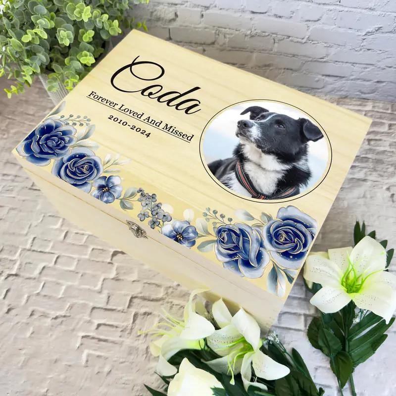 Blue Pet Dog Cat Horse Round Photo Pet Memorial Personalised Wooden Keepsake Box - Memory Storage Box - Memorial Wooden Memory Boxes 2