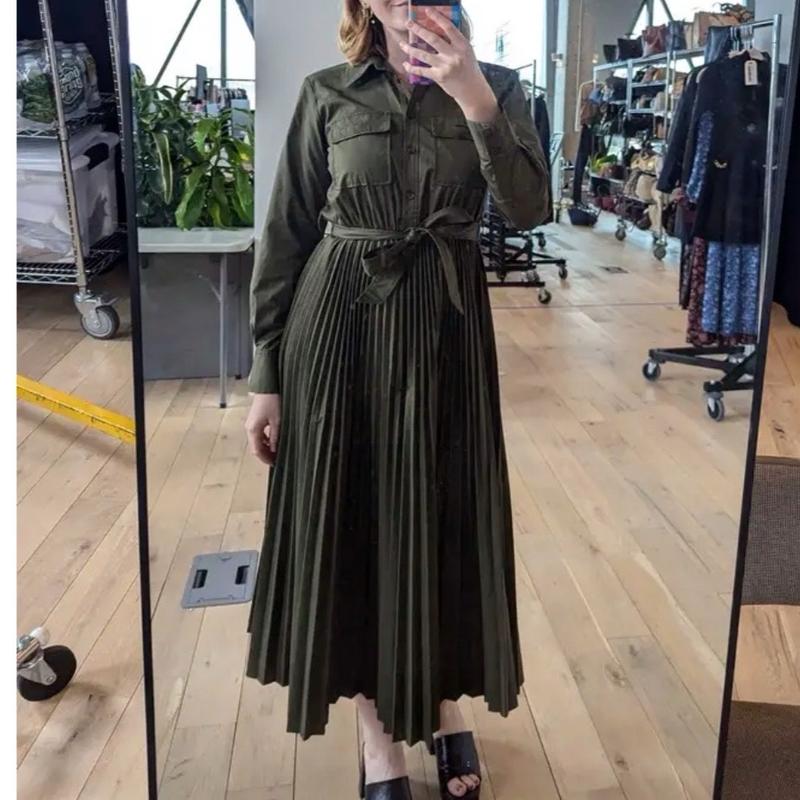 Khaki Pleat Fitted Shirt Dress Midi Belted Side Zip Comfort Crepe Occasion Party Long Dressy Outfit 6 - 16 3
