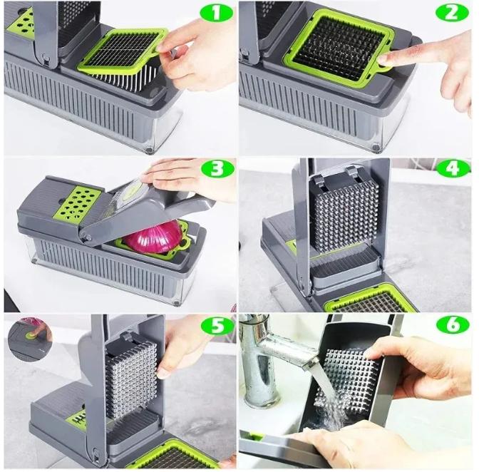 Multifunctional Vegetable Chopper Slicer with Interchangeable Blades and Storage Basket - 15 Pieces for Kitchen Tasks - Utensils, Peeling 3