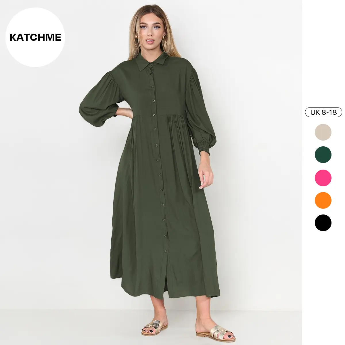 KatchMe Women's Trendy Plain Lapel Balloon Sleeve Button Up Pleated Maxi Dress,Spring & Summer Solid Collared Neck Loose Dress,Basic Womenswear