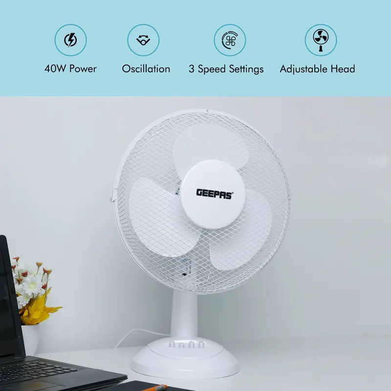 Geepas Portable Desk Fan 12 Inch, 3 Speed, Quiet Operation, White 1