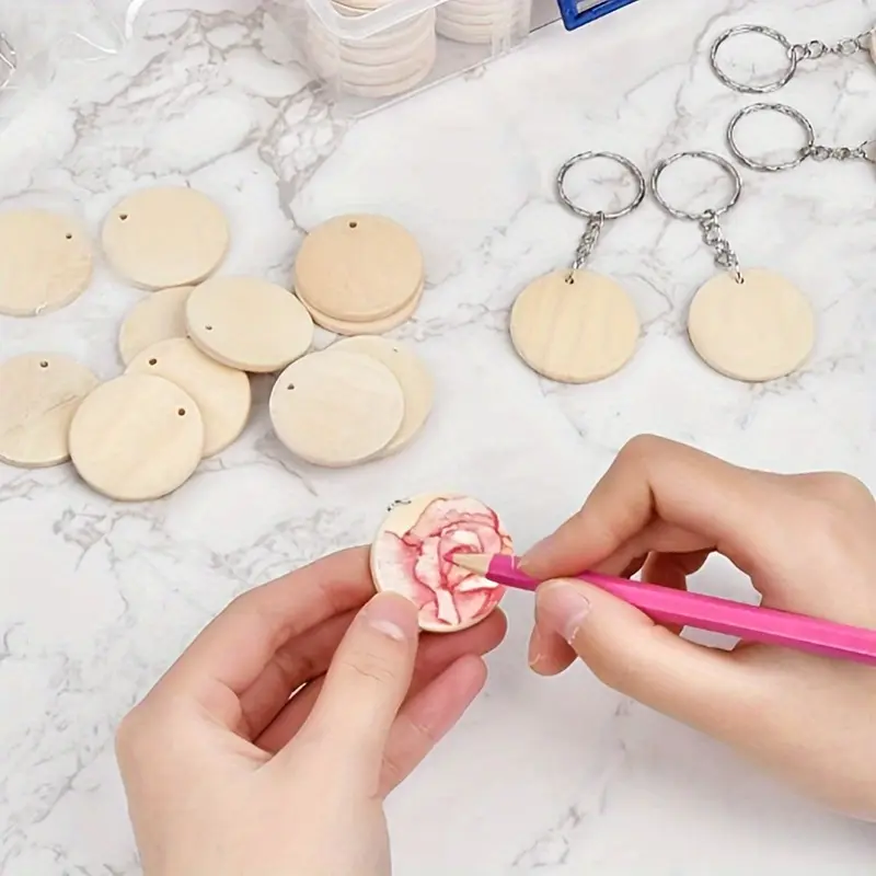 50pcs DIY Wooden Round Pendant Keychain Making Kit - Create Your Own Customizable Keychain Accessories with Key Rings - Perfect for Craft Enthusiasts and Gift Giving 1