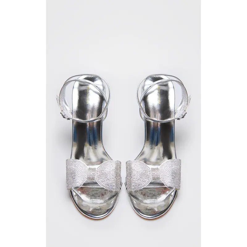 Silver PU Round Toe Diamante Bow Heeled Sandals 2