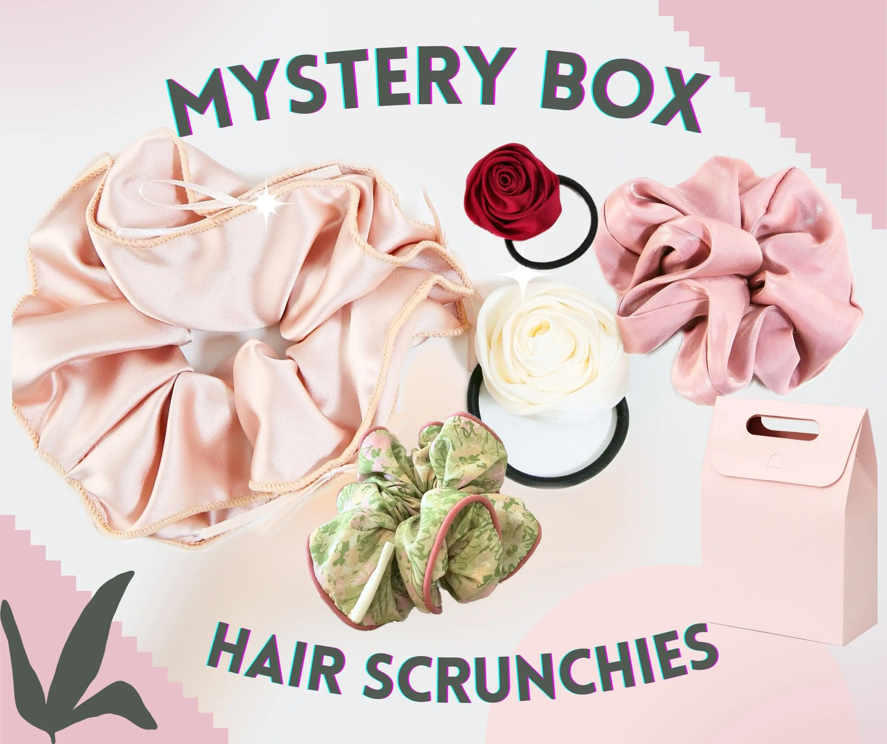 90s Rose 5-item Women Everyday Wear Hair Scrunchies&Ties Accessory Mystery Box, Silk Scrunchy for Hair, Solid Color Elastic Thick Bands, Soft Ropes Ponytail Holder Hair Accessories