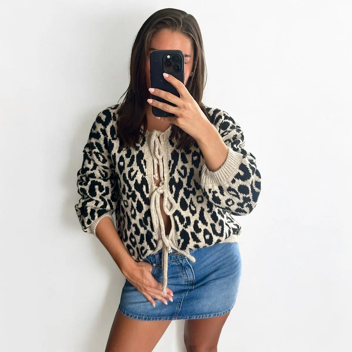 Knit Trendy Tie-Up Leopard Print Long Sleeve Loose Lightweight Cardigan, Lady Casual Comfort Outfit, Cardigans for Women, Fall & Winter Cardigan