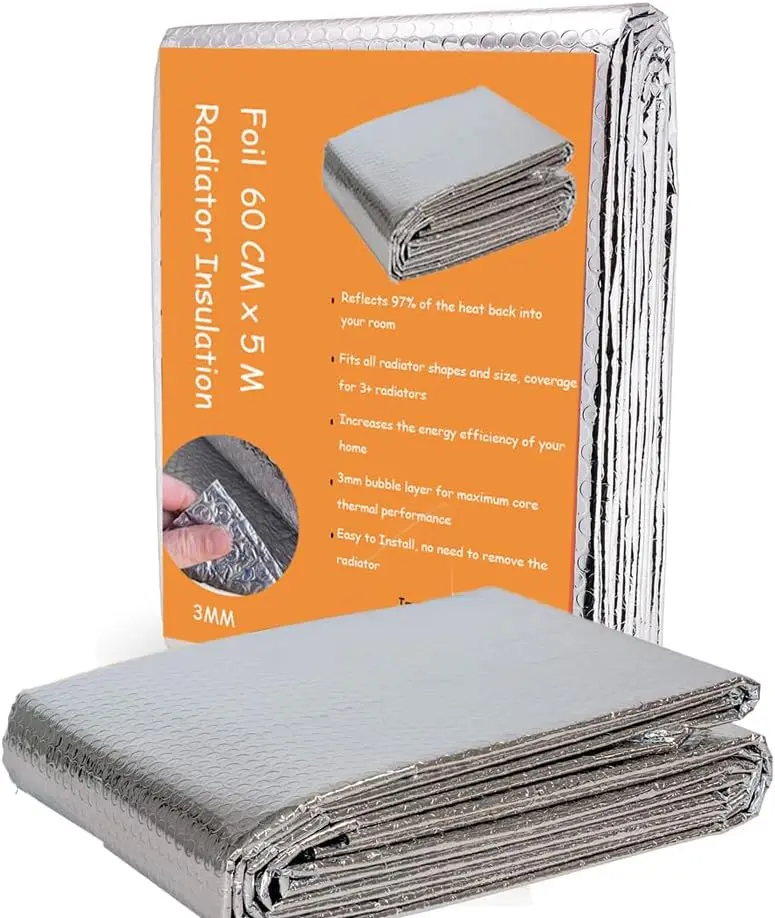Radiator Reflector Panels, Radiator Reflective Foil Insulation for Save Energy & Money, 5m x 60cm Thermal Bubble Heating Insulation Easy to Cut and Install Radiator Insulation Foil