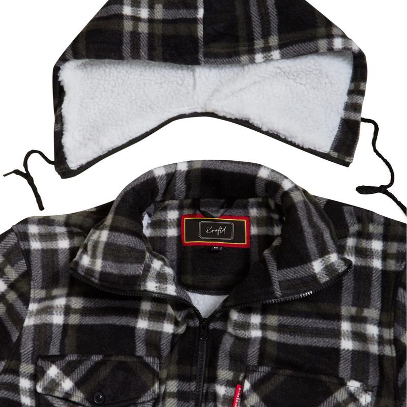 UNISEX Fleece Sherpa Fur Lined Lumberjack Detachable Hood Check Quilted Thermal Shirt Flannel Long Sleeve Casual Jacket Man Menswear Thick Coats Faux Padded Pockets Polyester Collared Top Underwear 6