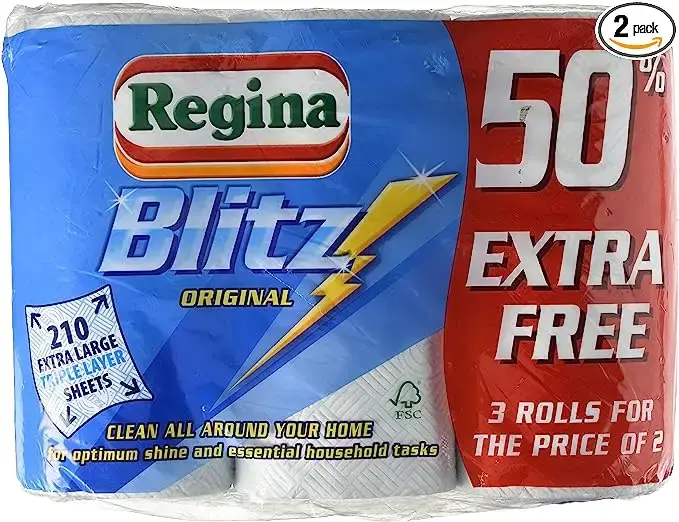 Regina Blitz Household Towel, 210 Super-Sized Sheets, Triple Layered Strength, 3 Roll pack. Kitchen Wipes Cleaning kitchen rolls