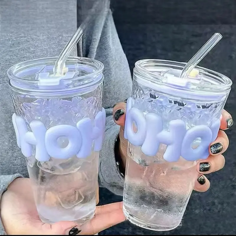 Leather Double Glass Drinking Cup with Straw, 450ml, for Hot and Cold Drinks, Easy Refill Feature, Home Office and Bar Accessories - Bottles
