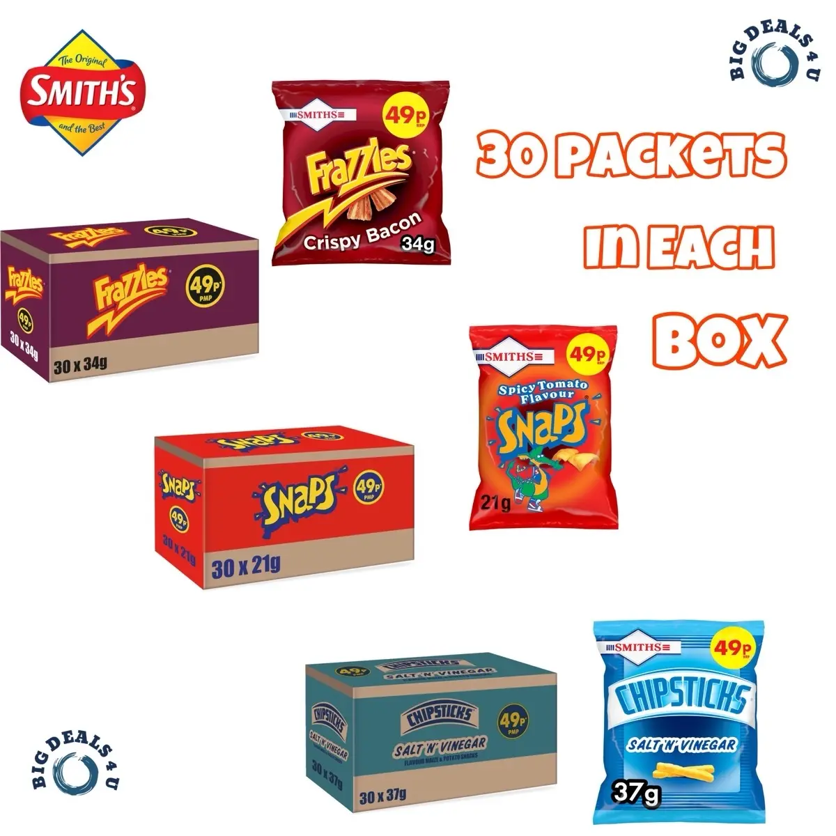 Smiths Snaps Spicy Tomato Snacks Crisps, Smiths Chipsticks Salt & Vinegar, Smiths Frazzles Crispy Bacon Snacks Crisps 30packs Crunchy