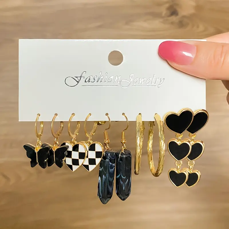 10 Pairs/ Set Hoop Earrings With Enamel Heart Butterfly Natural Stone Decor Y2K Punk Style Trendy Female Gift 1