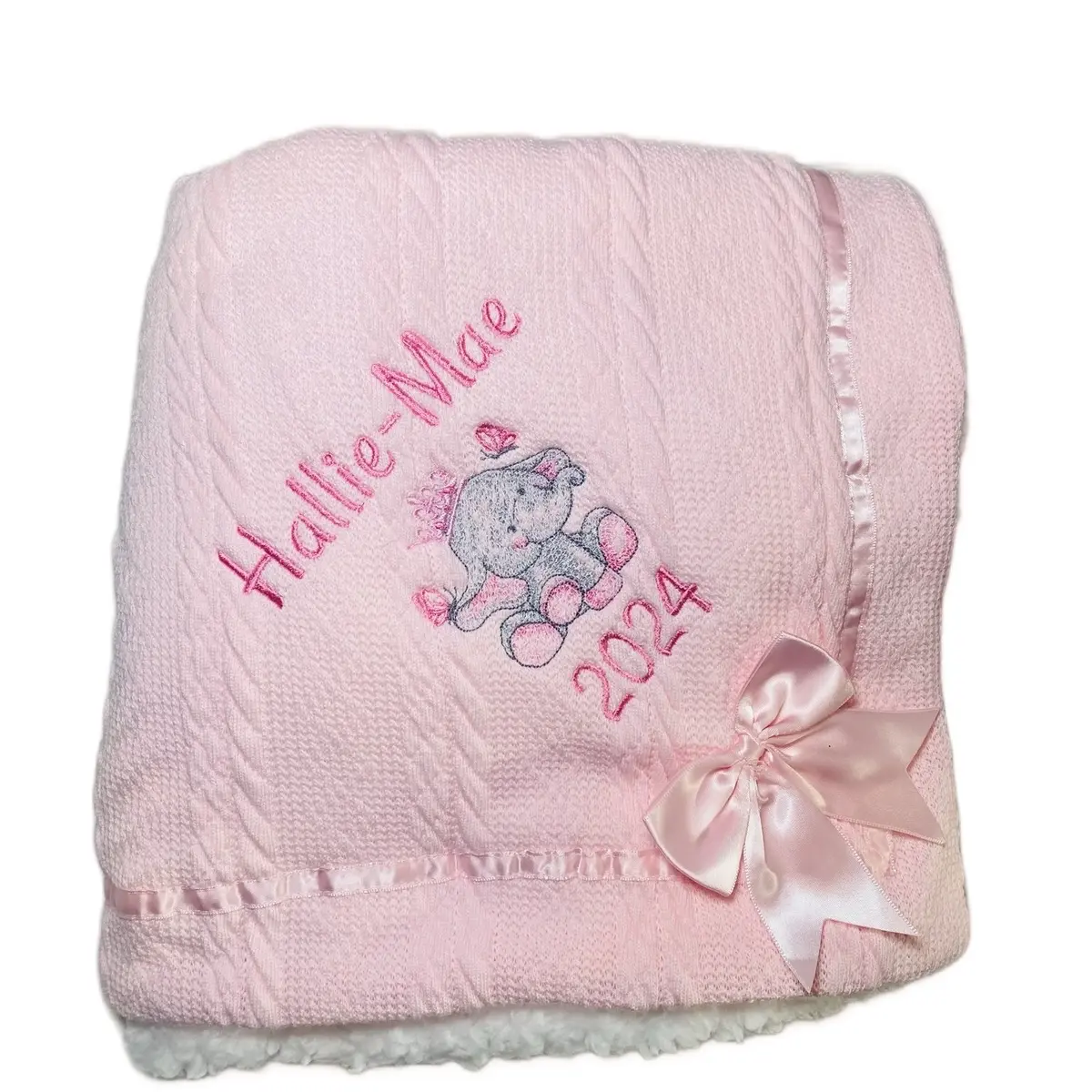 Personalised Cable Knit Bow Blanket in Pink with Elephant Crown and Name. for personalisation please see description