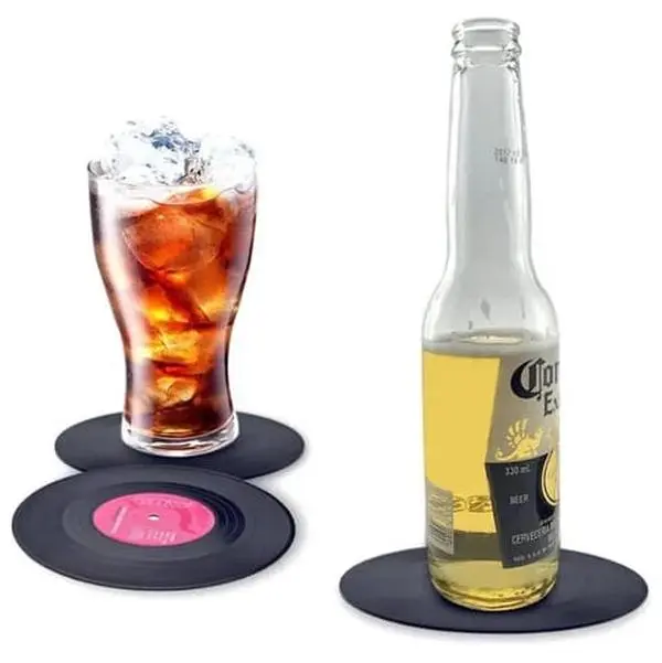 Vinyl Record Coasters with Holder for Tea Coffee - Colorful Retro Disk Coaster for Drinks and Music Decorations for Home - Tableware Set Round Water Proof Wooden Round