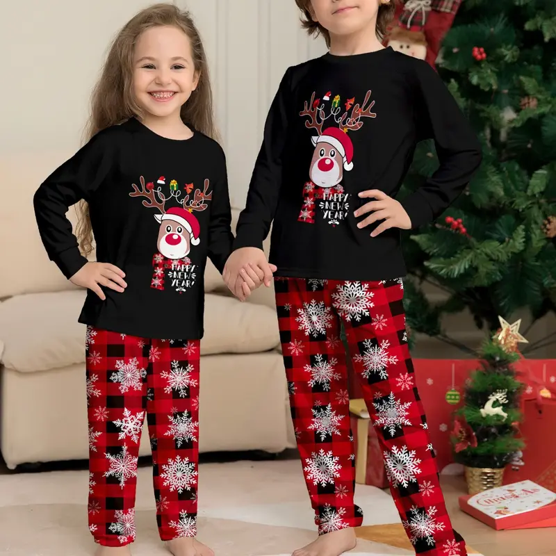 Women Men New Year's Costumes Cartoon Elk Print Christmas Parent-child Matching Pajamas Set Boys Girls Sleepwear Xmas Family Look Pjs Couples Set 1