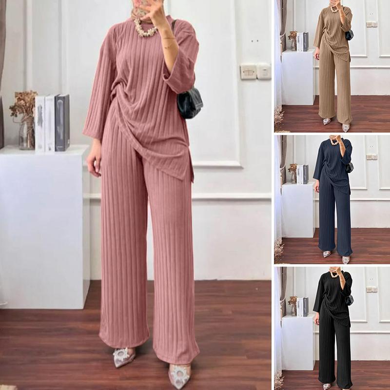 Product Introduction of Long Sleeve Blouse Wide Leg Pants Sets ZANZEA Women Matching Sets Solid Islamic Clothing Muslim Tracksuit Outifits 2PCS 3