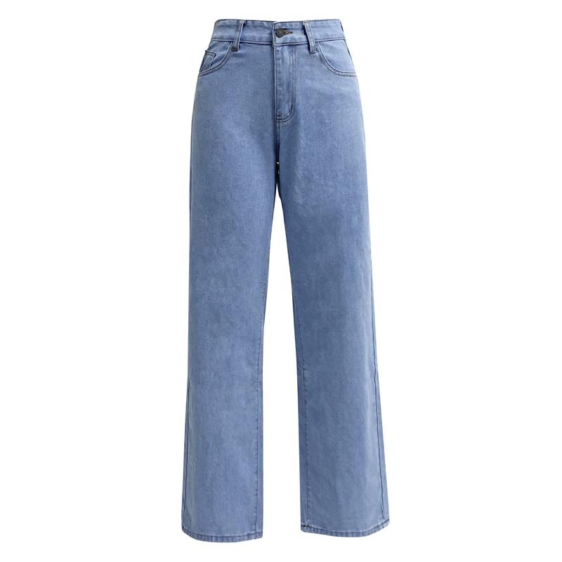 Product Introduction of Women Jeans Straight Pants Denim Washing High Waist Loose Fit Pockets Basics Ankle Length Pants Solid Color Slight Strech 1