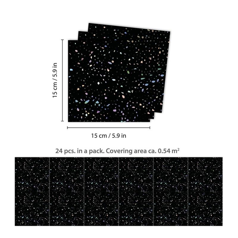 WALPLUS Tile Stickers Metallic Peel and Stick Backsplash Kitchen Backsplash Tiles Self Adhesive Water Resistance Heat Resistance Terrazzo Holographic Glitter Black Wall Tile Sticker Set 24pcs 2.3 Inch 4
