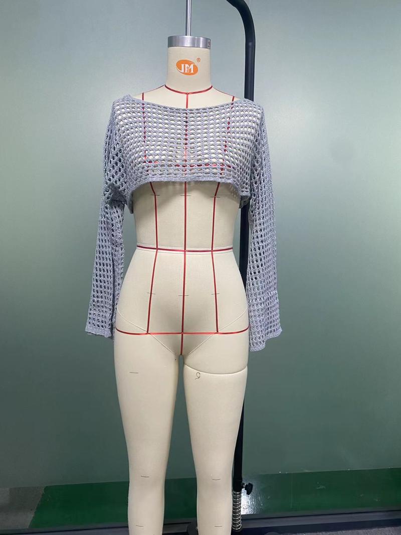 Product Introduction of Women Big Fishnet Long Sleeve Cropped Sweaters Summer Fashion Lady O-Neck Flare Sleeve Hollow Out Short Knitted Pullovers Knitwear Womenswear 8