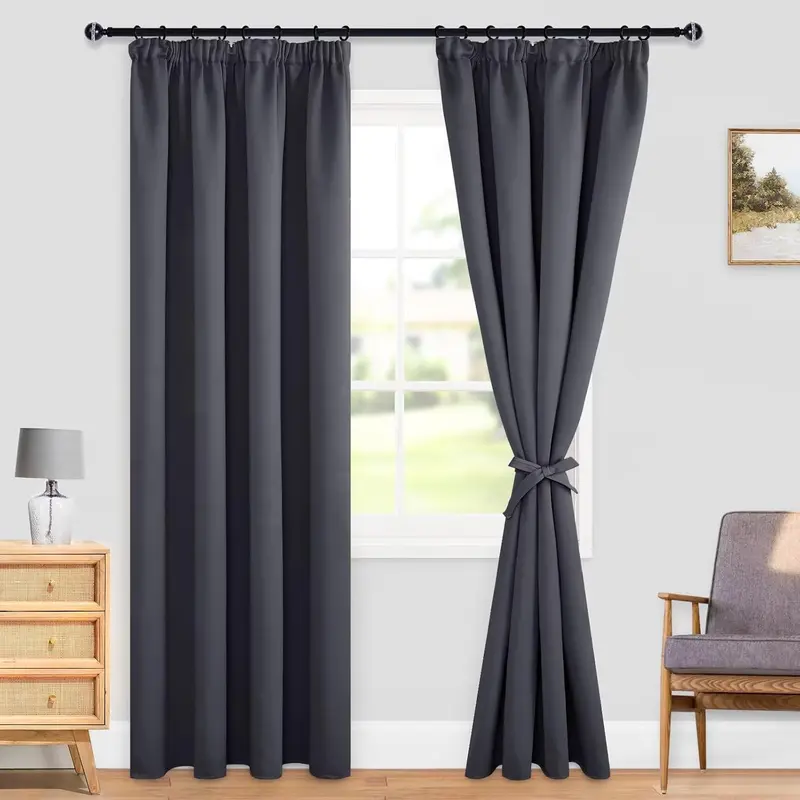 TRAHOO-Dark Grey Curtains Blackout Curtains for Bedroom Thermal Insulated Curtain Pencil Pleat Window Curtains for Living Room with Tiebacks 46 x 90 inch Length, Dark Grey, 2 Panels 1