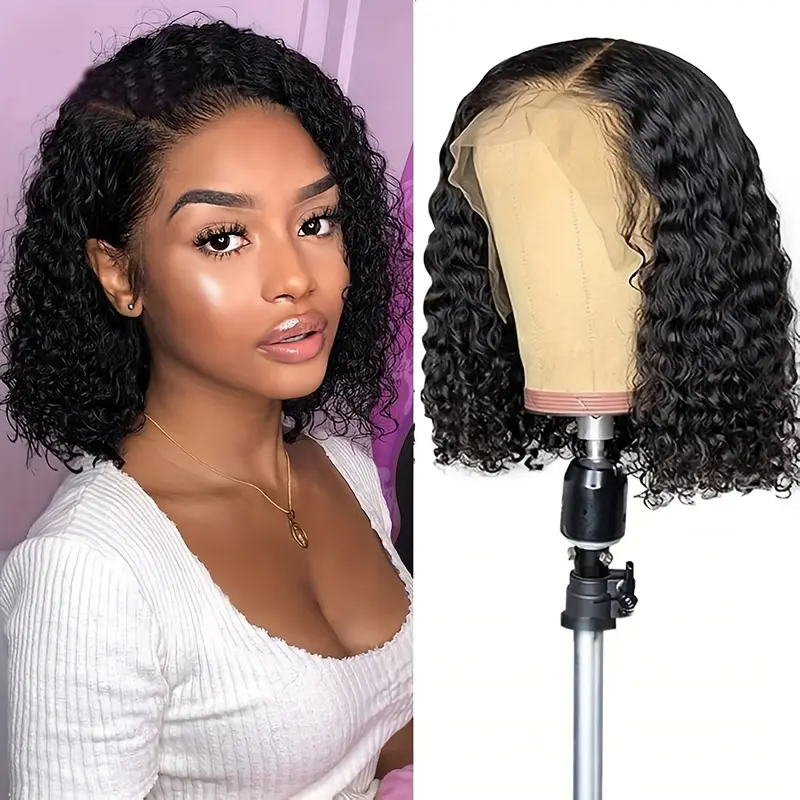 YWBL-WH 1pc Deep Wave Short Bob Wig Nylon Material – Glueless Curly Bob Machine Made Rose Net Wig Unscented – Easy Wear No Power Required, Valentine'S Day Gift 0
