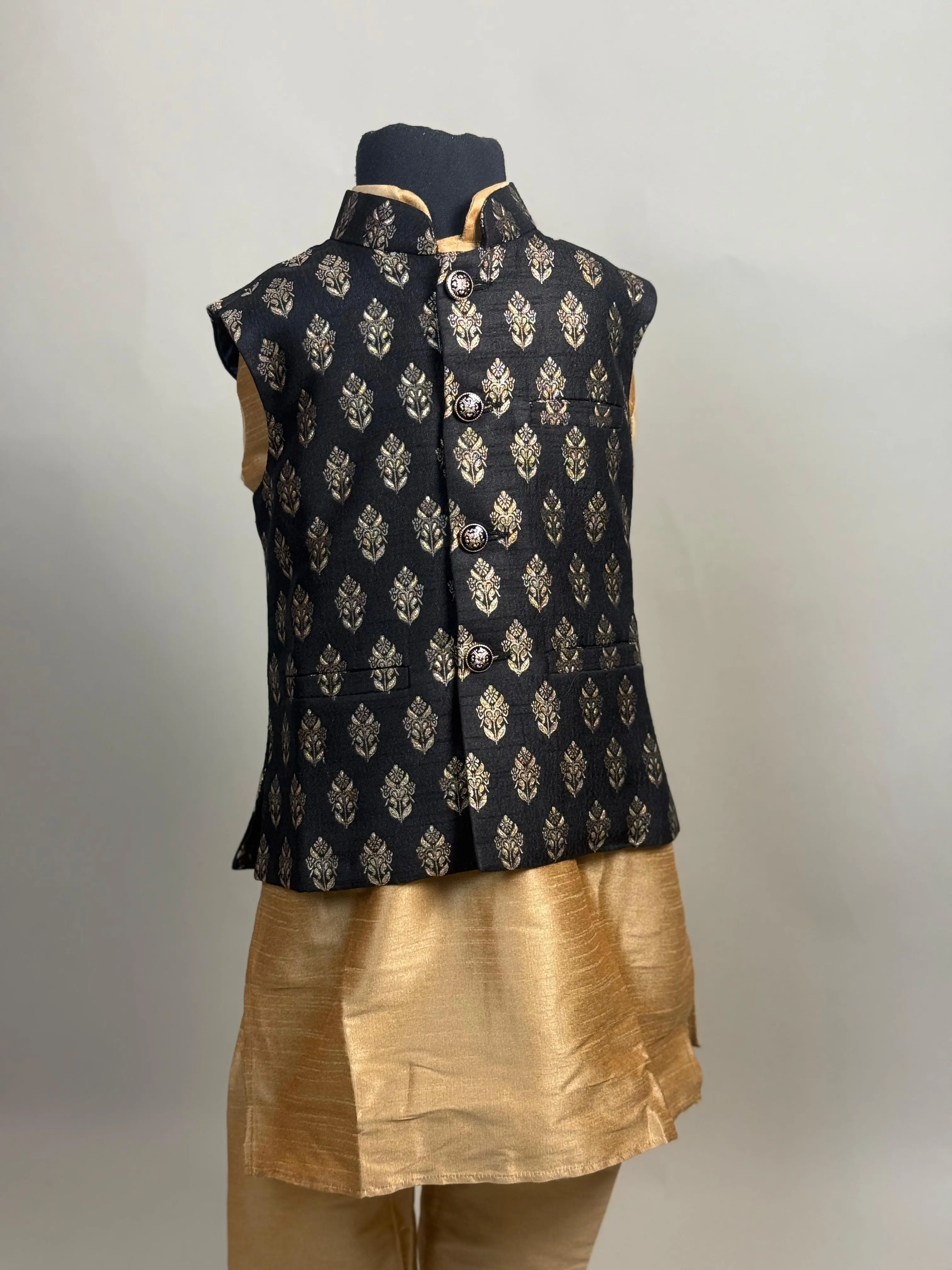 Classic Golden Boys' Kurta Pajama with Elegant Black Waistcoat - Traditional Celebration Outfit, Kids Ethnic Wear (Ages 1-14)