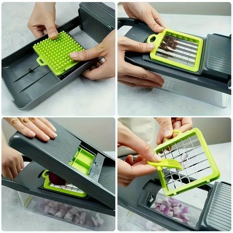 [UK Seller]Vegetable Chopper,16 in 1 Multifunctional Food Chopper With Vegetable Peeler, Kitchen Vegetable Slicer Dicer Cutter with Container, Chopper for Onion Carrot Cucumber(Grey) Basket Utensils Blade Peeling 4