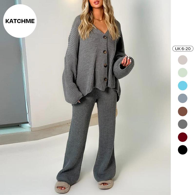 KatchMe V Neck Commuter Cardigan Wide Leg Pants Co-ord(One