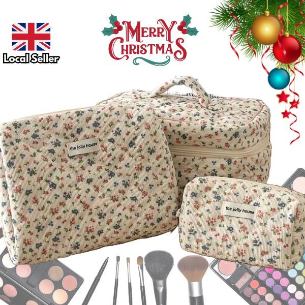 Christmas Gift Ditsy Chic Floral Design Quilted Makeup Bag Set - 3 Count Corduroy Cosmetic Storage Bag for Outing and Travel - Durable & Easy Care 0