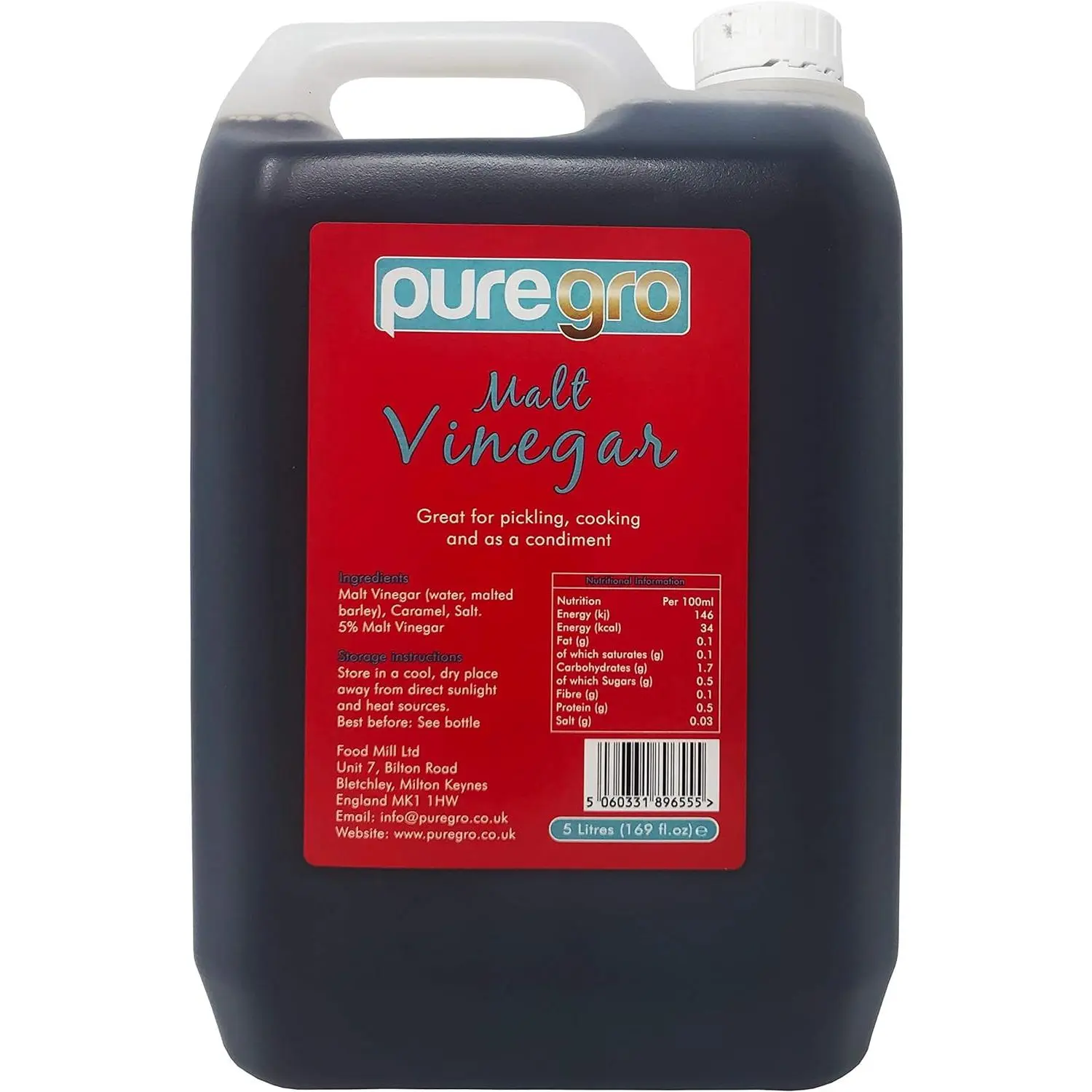 Puregro Premium Quality Malt Vinegar, Large 5 Litre Bottle - Perfect for Enhancing Your Favourite Foods