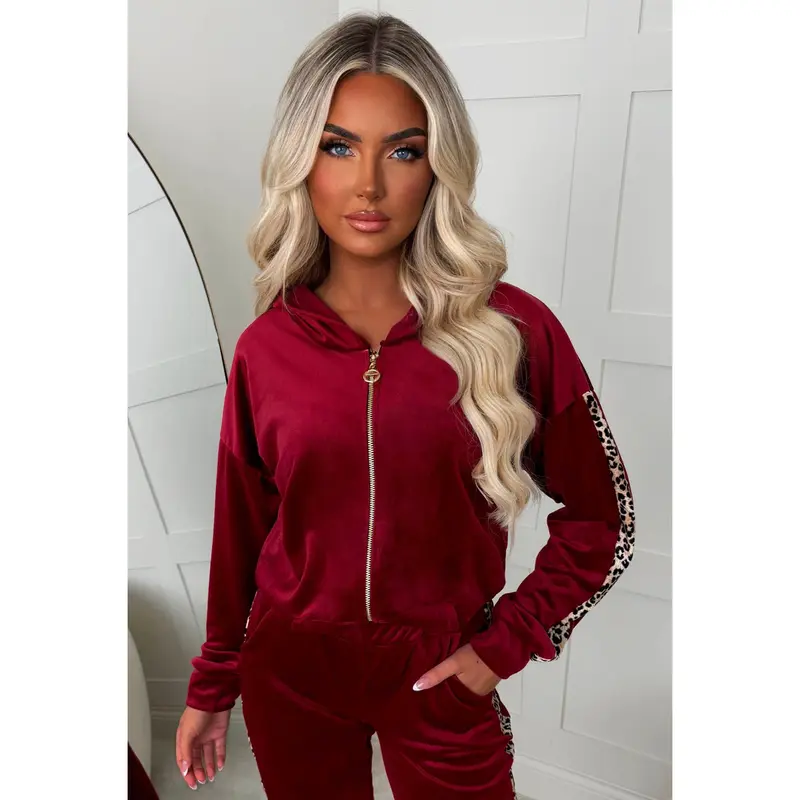 Karma Burgundy Leopard Side Print Velour Loungewear Set 3