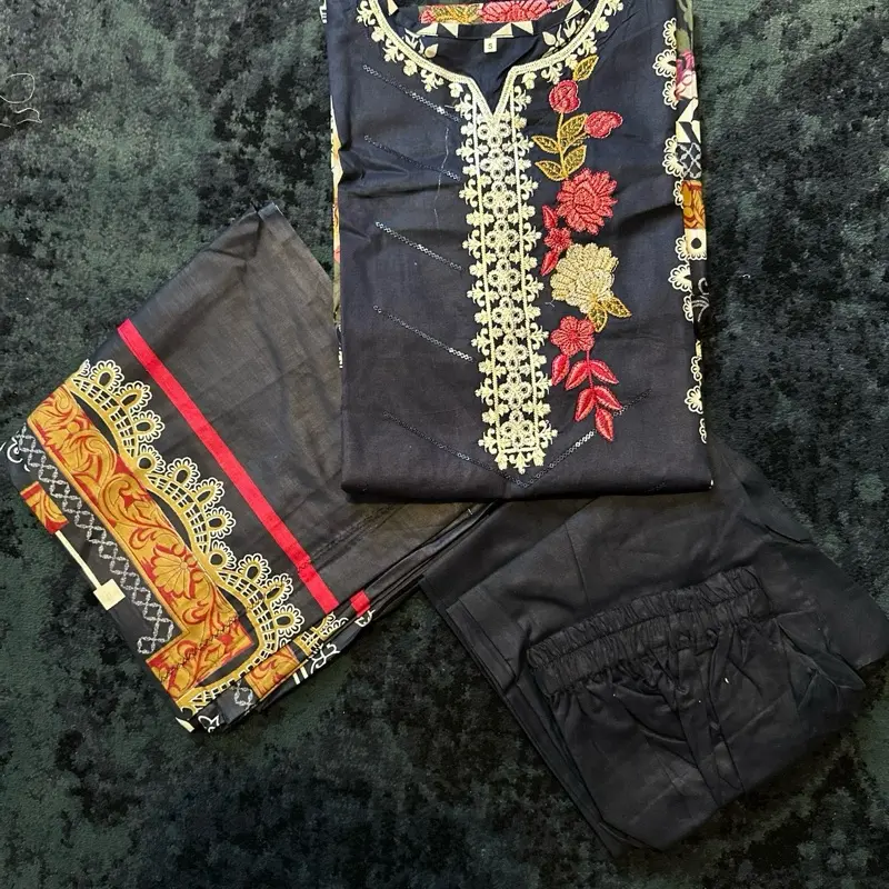 Bin Saeed Navy Blue Lawn 3 Piece Embroidered Dress with Printed Duppata , Plain Trousers for Women - Casual