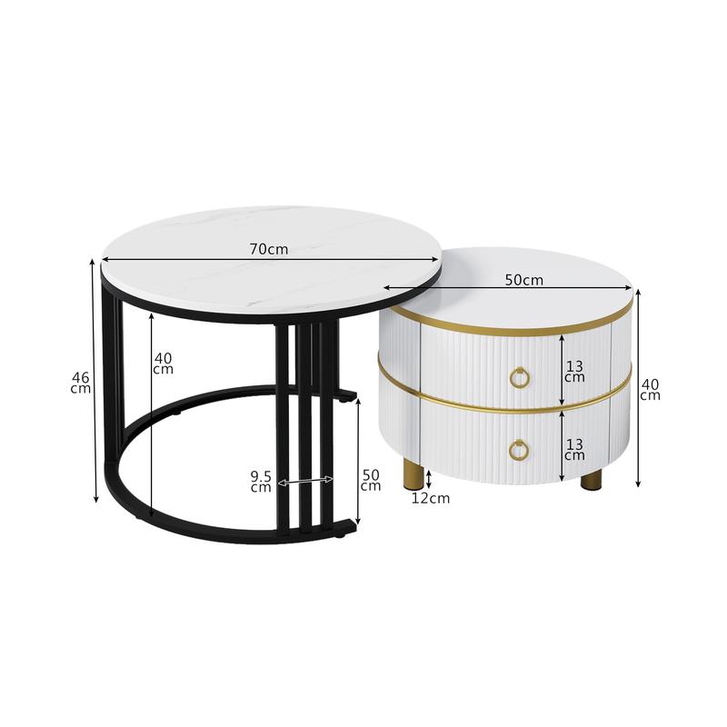 2024 High Quanlity 2-in-1 round MDF coffee table with 1 high-gloss table top and 1 side table with brown tempered glass tabletop, living room coffee table set with 2 drawers, 70*70*45 + 50*50*40 cm Modern Furniture Coffee Table for Living Room 8