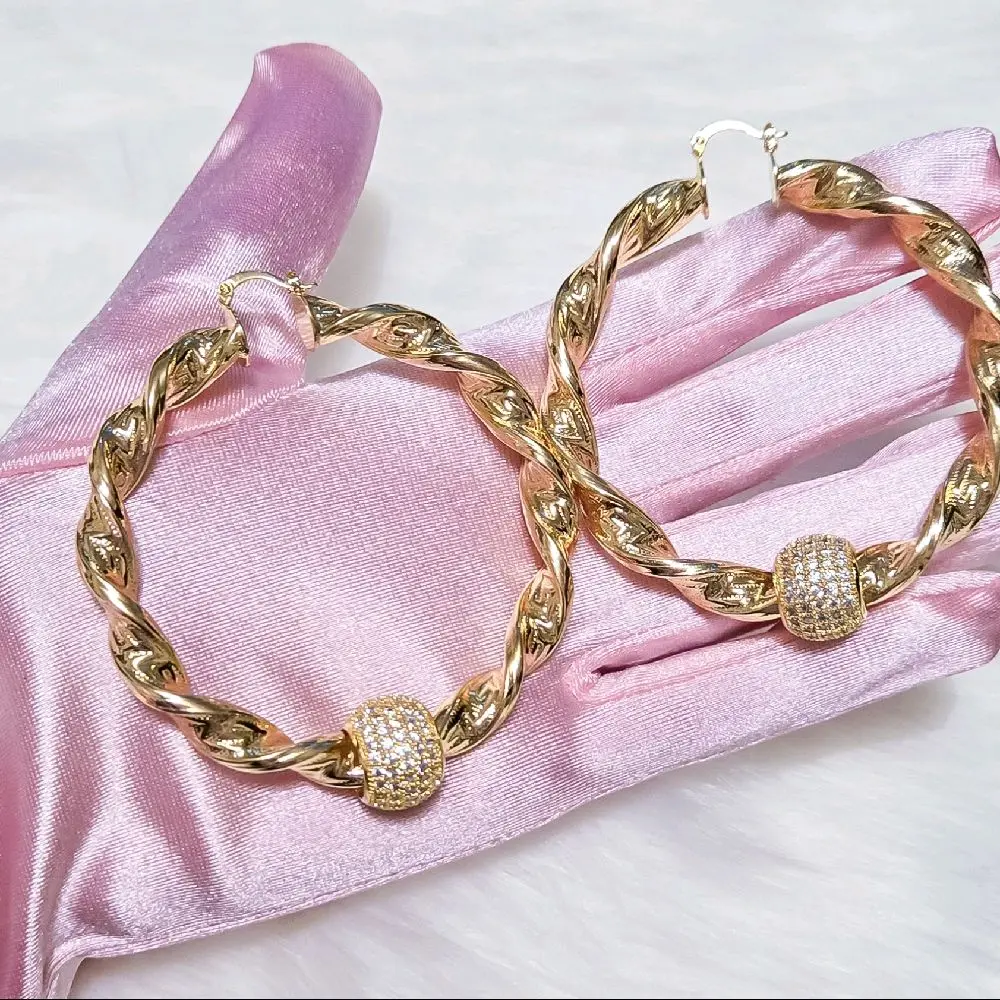 Hoops For Days Huge XXL 80mm Gold Twisted Hoop Earrings With Sparkly Disco Balls Patterned Twist Earrings, Chunky Twist Hoops