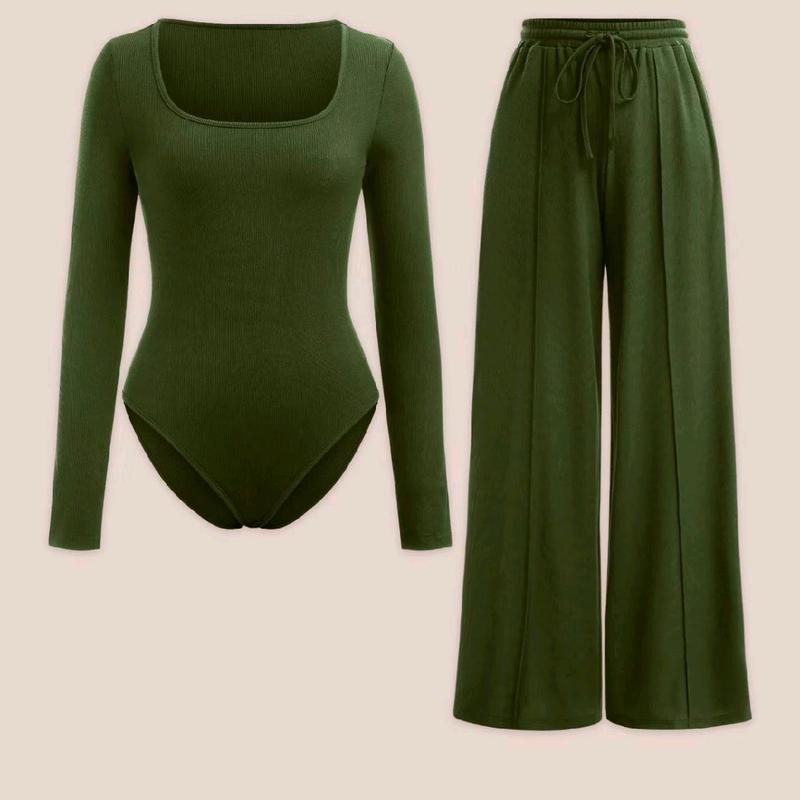 WOMENS LADIES 2 PIECE MATCHING SET CREW NECK BODYSUITS WIDE LEG TROUSERS PANTS PALAZZO SET LOUNGEWEAR LONGSLEEVES STRETCHY SOFT COMFY LADY ELASTICATED WAIST DRAWSTRING HIGH QUALITY COORD LOUNGESET COMFORT WOMENSWEAR OVERALL Basic Adjustable Comfortable 4