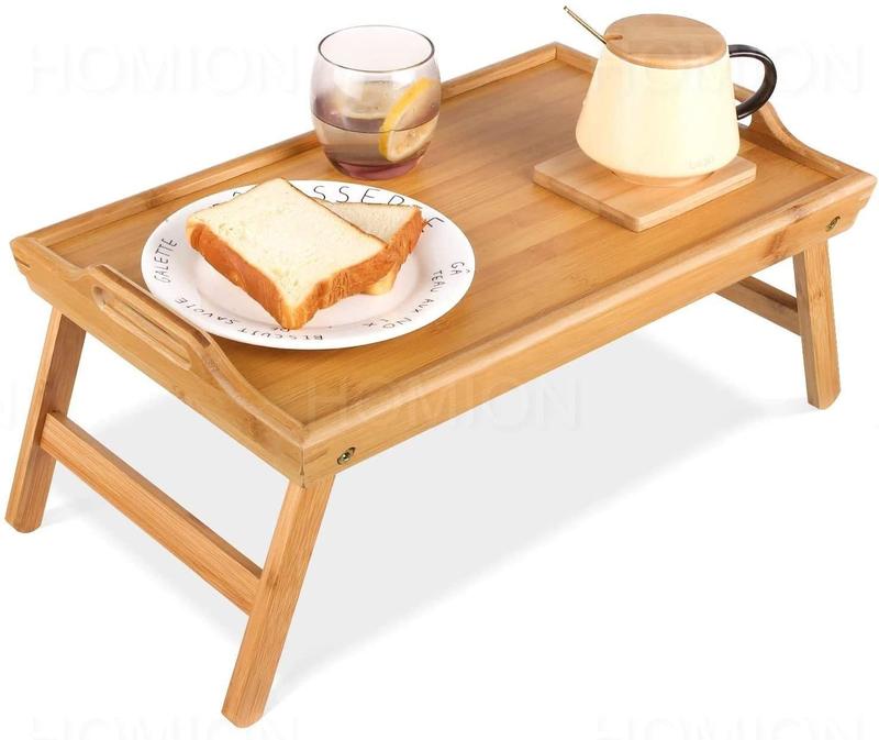 Wooden Breakfast in Bed Tray, 50 x 30 x 23 cm Serving Lap Tray With Folding Legs And Handles Bamboo Plates 1