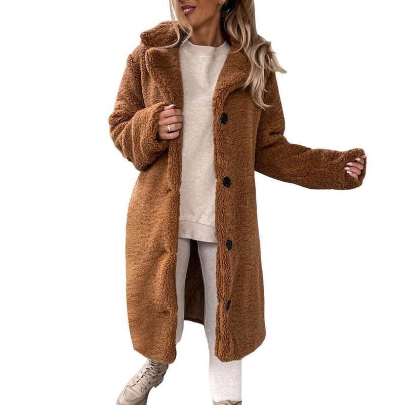 Trendy Women Overcoat Autumn Winter Women Trench Coat Long Style Pure Color Single-breasted Teddy Jacket  Windproof 6