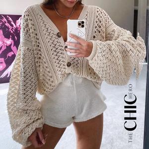 ChicHero Luxe Cream Belle Crochet Balloon Long Sleeve Oversized Comfort Cardigan sweater season Knitwear Womenswear Button Casual Clothing Elegance Essential Medium