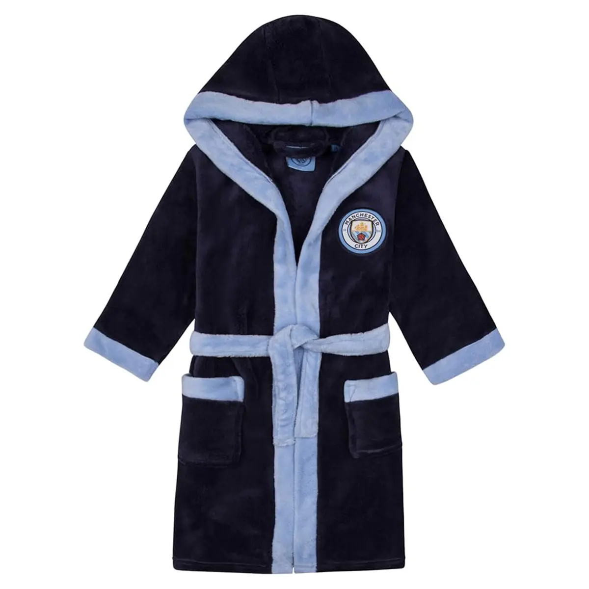 MANCHESTER CITY Boys Dressing Gown Robe Hooded Fleece Kids Official Football