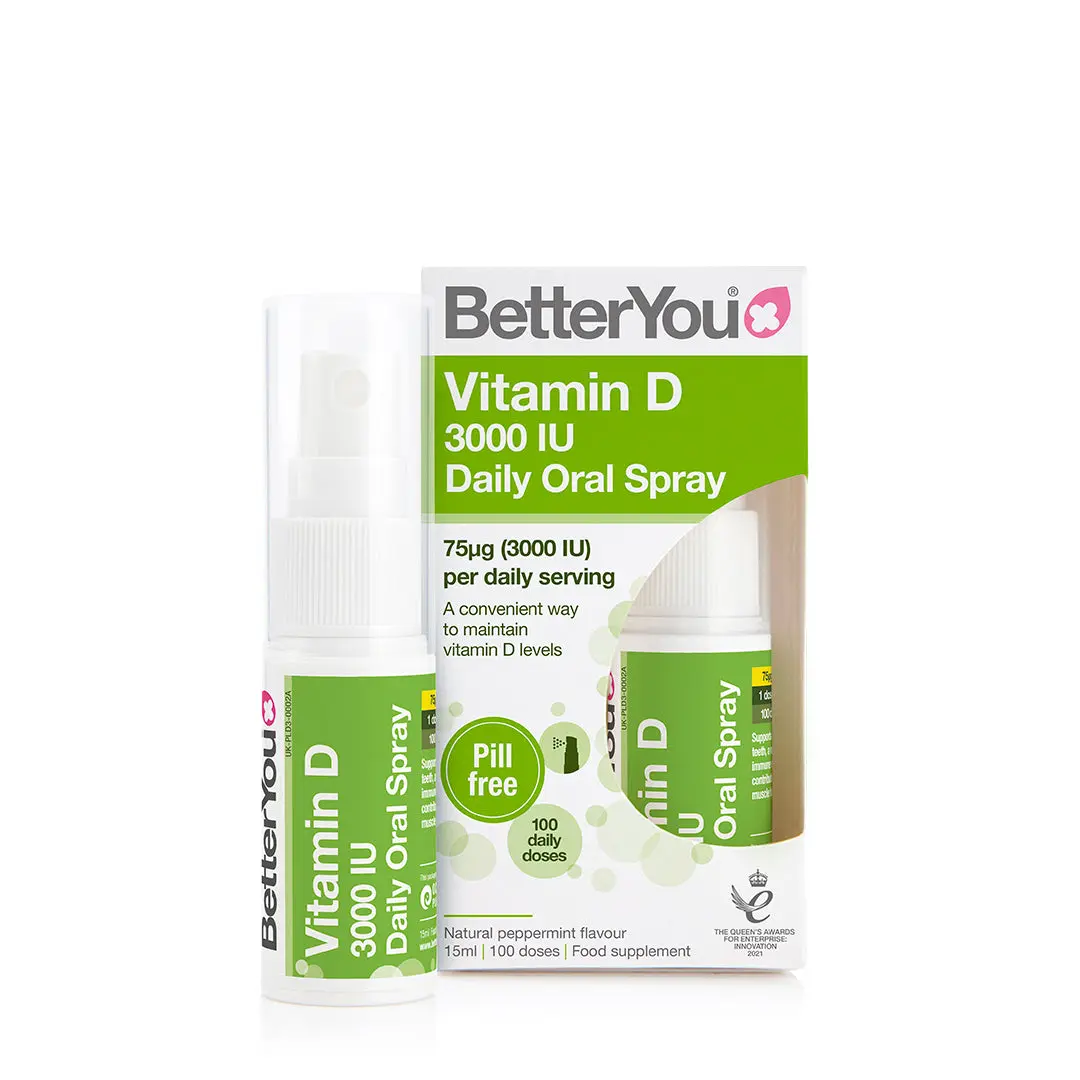 BetterYou Vitamin D 3000 IU Oral Spray, Fast Acting Vitamin D3 Supplement, Supports Bones, Teeth and a Healthy Immune System, 3-month Supply, Natural Peppermint Flavour, Made in the UK