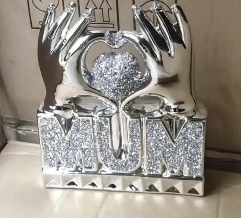 MUM  Heart Hand Silver Crushed Diamond Crystal Ornament Home Decor Gift Bling 3