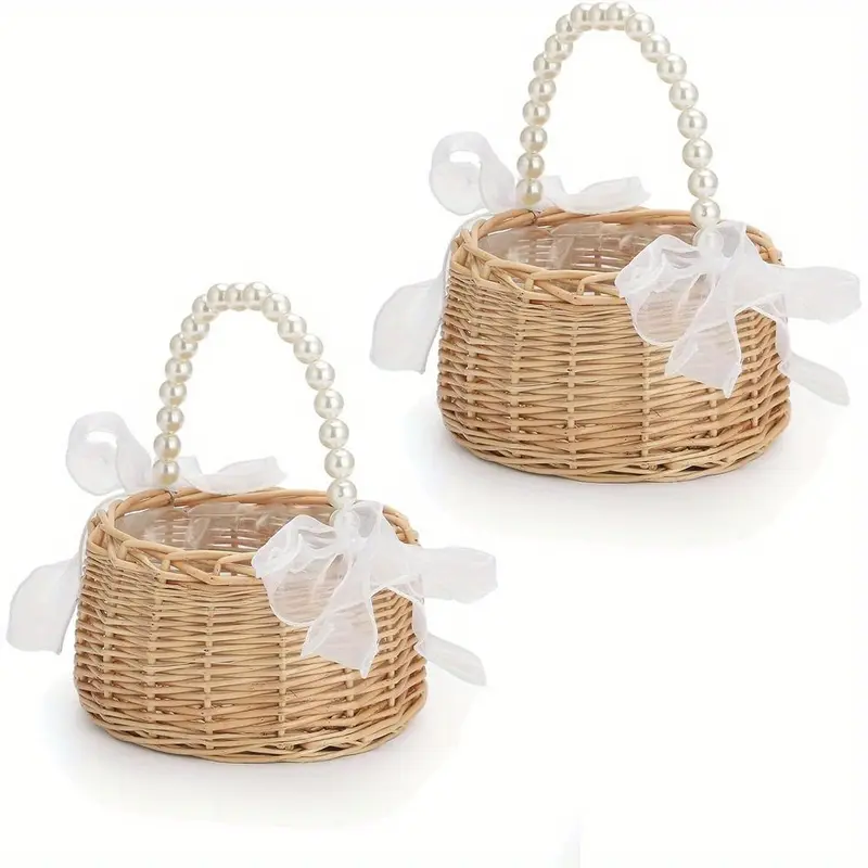 A Handcrafted Wicker Flower Girl Basket with a Pearl Handle And Bow - Ideal for Weddings, Easter, And Party Gifts (Brown) 1