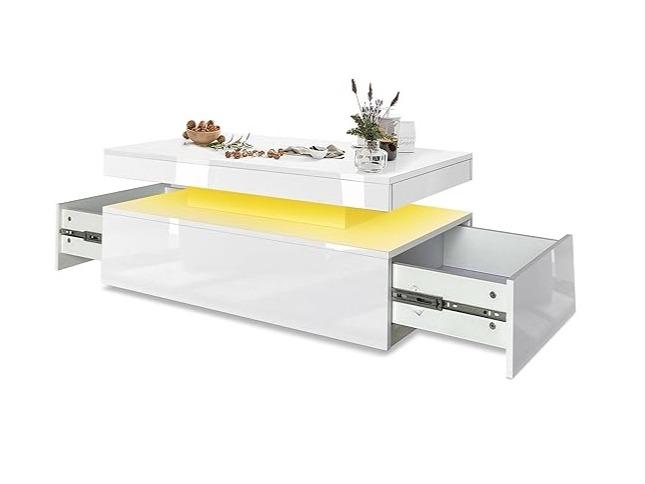 White High Gloss Coffee Table with LED RGB Lights, 2 Drawer Storage - Rectangle Sofa Side Table for Living Room/Home Office Furniture coffeetable ex display coffeetable smart  coffee coffee  tables 3
